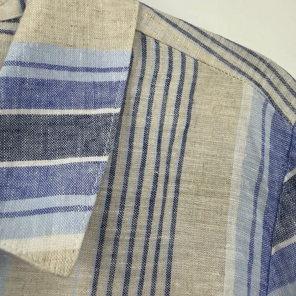 Habitat Clothes Linen Button Up Tunic Medium Blue Striped High Low Lagenlook
